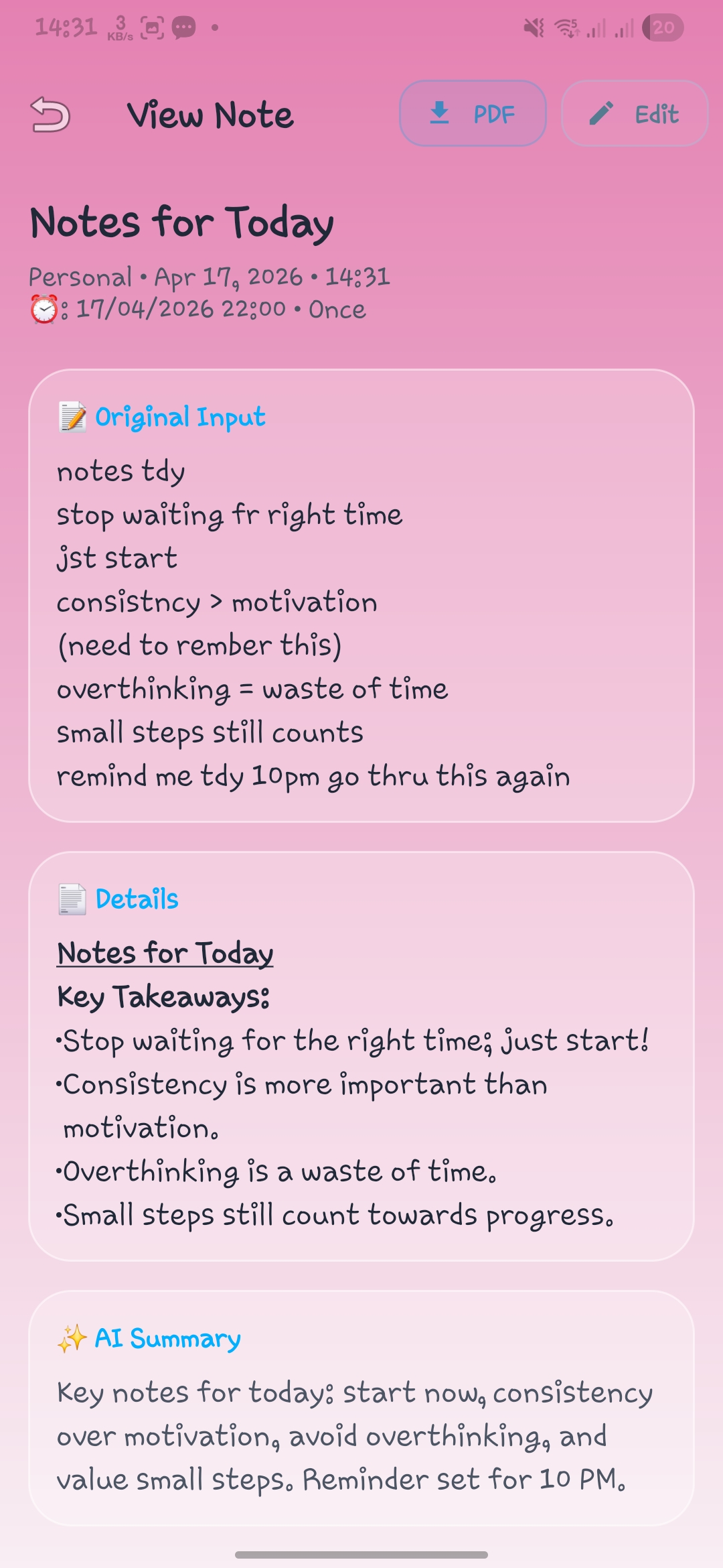 NoteXify note view screen in the Blush Pink theme