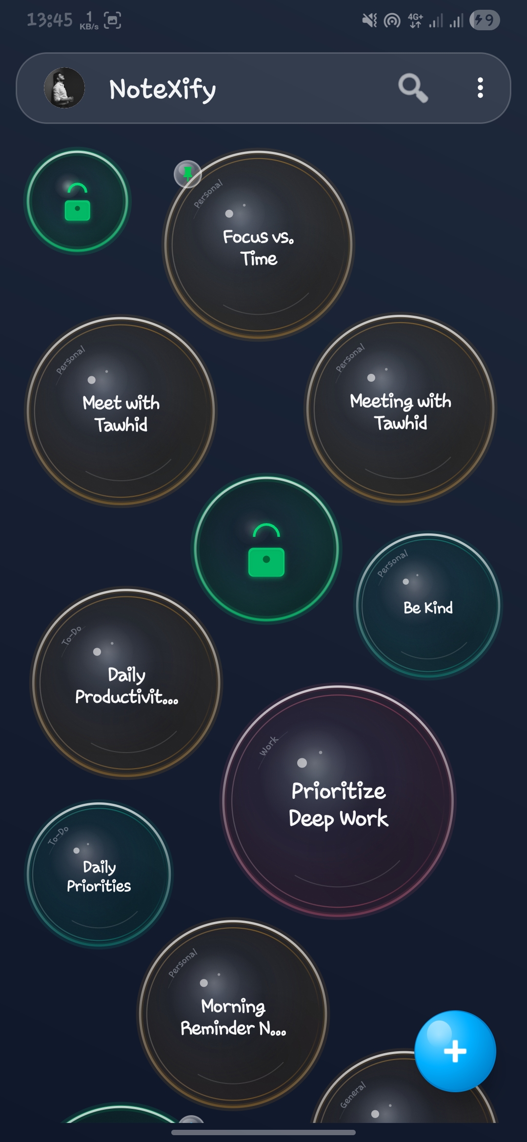 NoteXify bubble note view in the Dim Comfort theme