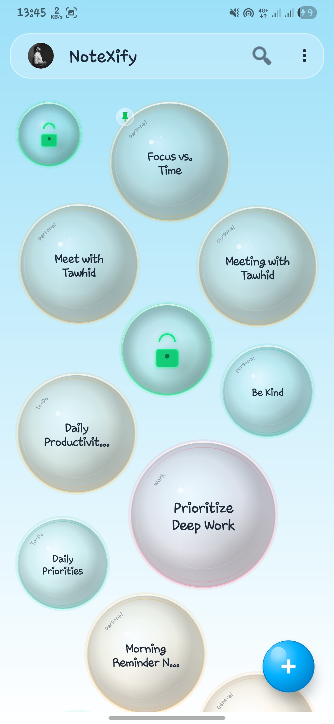 NoteXify bubble note view in the Glacier Blue theme