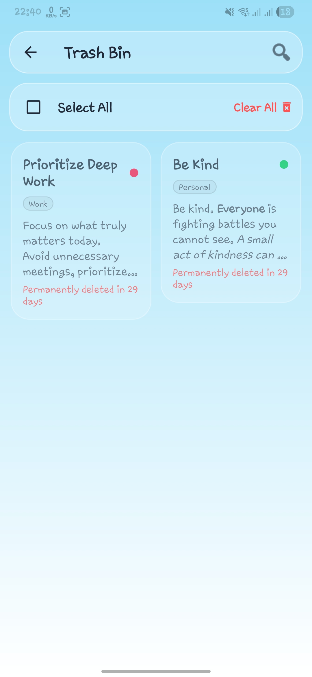 NoteXify trash and recovery screen in the Glacier Blue theme