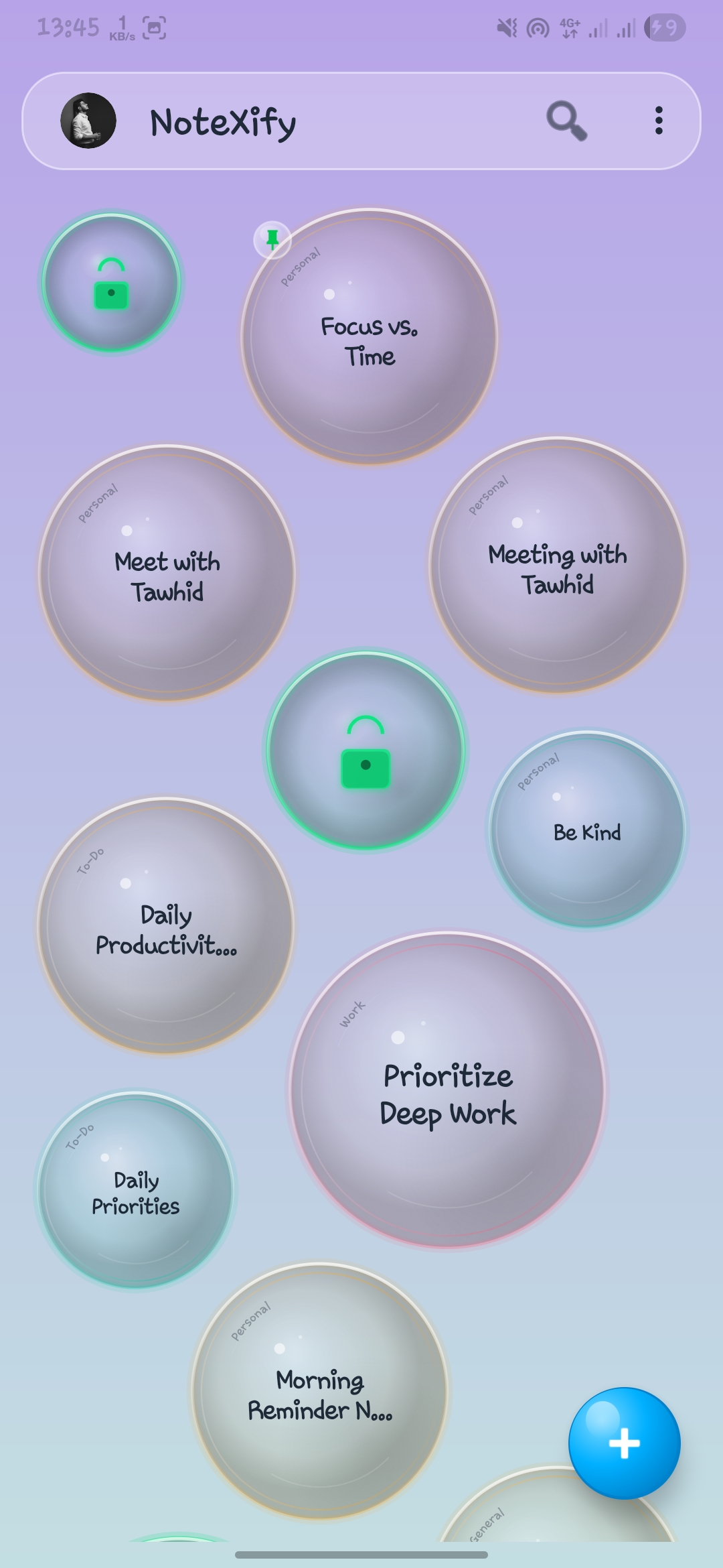 NoteXify bubble note view in the Mystic Aurora theme