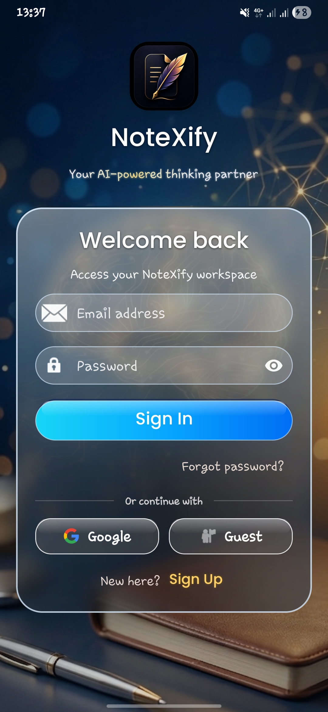 NoteXify login page screen without theme styling