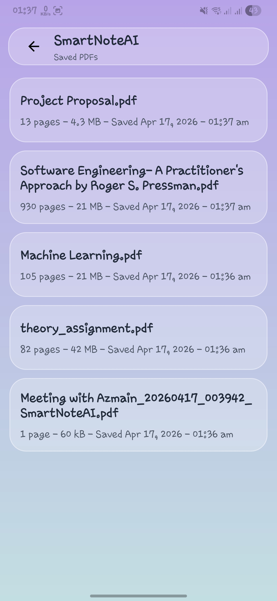 NoteXify saved PDF list screen